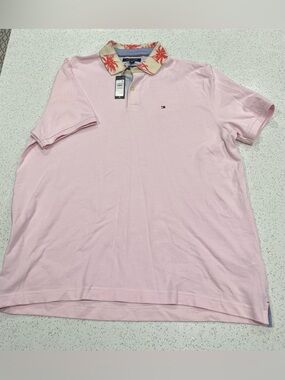 Tommy Hilfiger Men's Cotton Pique Polo Shirt XL Pink With Palm Tree Print Collar